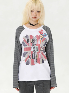 runningHIGH 25秋新款条纹拼接米字旗印花长袖T恤韩国代购