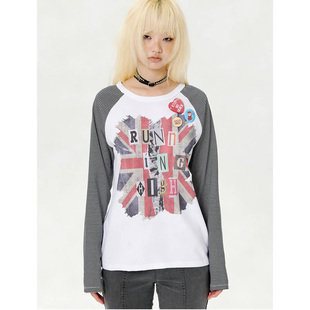 runningHIGH 25秋新款条纹拼接米字旗印花长袖T恤韩国代购