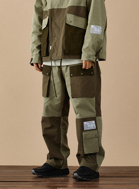 FETCH 春夏男女情侣款撞色拼接口袋休闲宽松工装长裤韩国代购