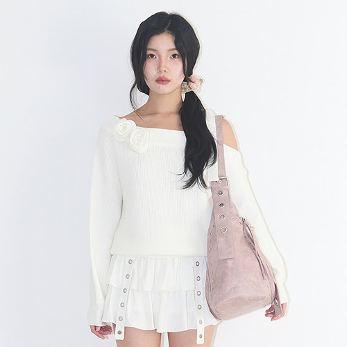 ILLIGO 25秋新款宽松玫瑰花斜领露肩针织衫甜美百搭上衣韩国代购