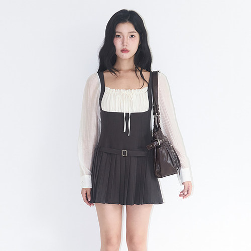 ILLIGO 25秋新款学院风系带蝴蝶结褶皱拼接方领连衣裙韩国代购