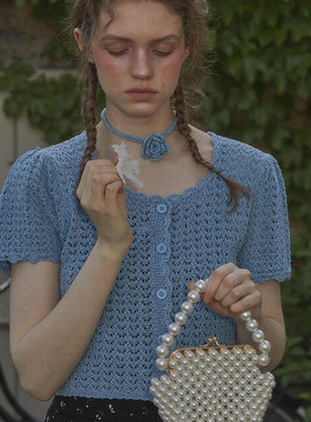 LETERIE 24夏季新品显瘦山茶花飘带针织衫短袖纽扣开衫韩国代购