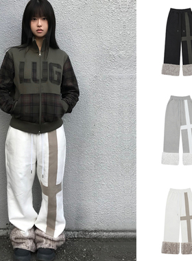 LUV IS TRUE 25冬季新款毛毛拼接加绒运动休闲裤韩国代购