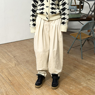 韩国代购 25秋宽松水洗复古褶皱工装 休闲阔腿裤 裤 现货OPEN