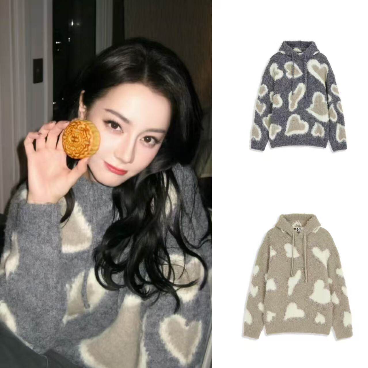 现货迪丽热巴同款OPEN YY 25冬豹纹爱心连帽毛绒绒卫衣韩国代购