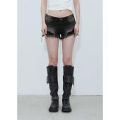 韩国代购 水洗破洞毛边超短裤 辣妹暗黑风低腰牛仔裤 BOHEMSEO