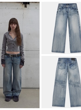 现货LCDC 25秋新品水洗做旧阔腿牛仔裤低腰显瘦直筒裤韩国代购