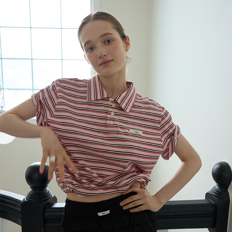 LETERIE 25春季新品宽松条纹撞色翻领拼色短袖T恤POLO衫韩国代购