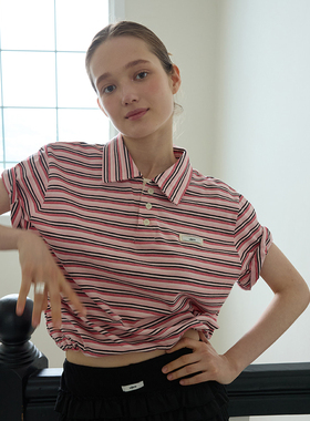 LETERIE 25春季新品宽松条纹撞色翻领拼色短袖T恤POLO衫韩国代购