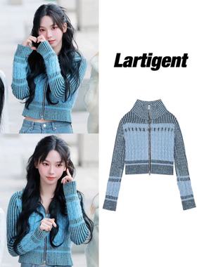 柳智敏洪恩采同款LARTIGENT 23秋拼色拉链针织衫短外套韩国代购