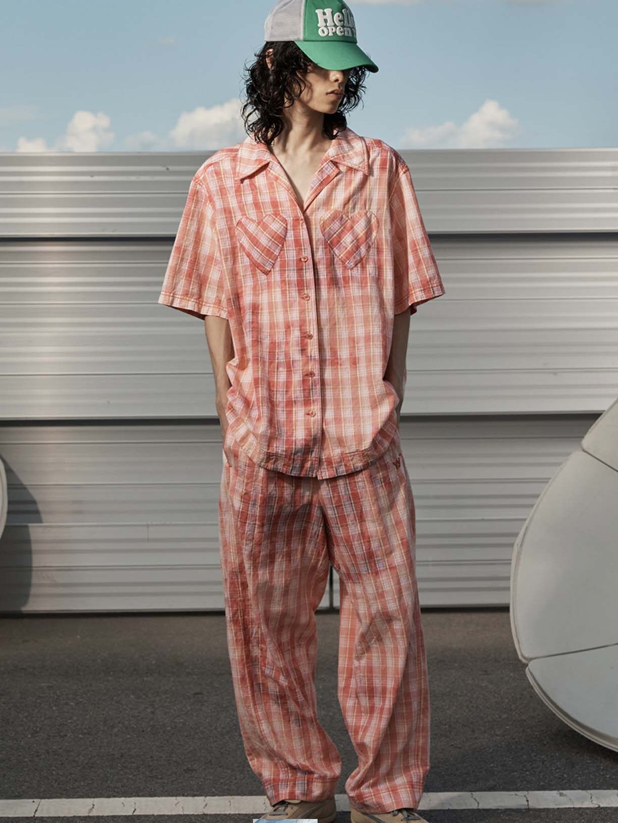 OPEN YY24春夏新款爱心贴布扎染格纹衬衫居家休闲裤套装韩国代购