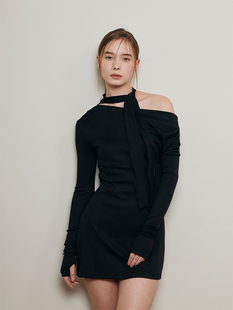 NOTYOURROSE 23秋季新款性感辣妹斜领挂脖飘带连衣裙韩国正品代购