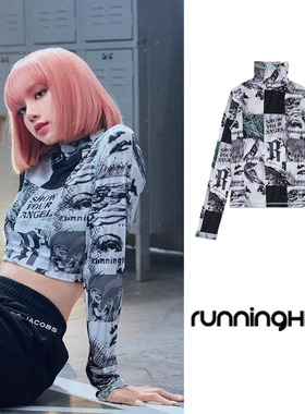 现货Lisa同款RUNNINGHIGH印花修身小高领上衣T恤上衣女韩国代购