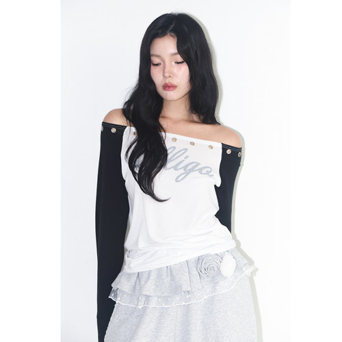 ILLIGO 25秋新款甜辣铆钉镂空一字肩插肩袖长袖T恤韩国代购