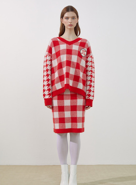 秒发ROMANCHIC 2019秋冬千鸟格V领针织毛衣+格纹针织半裙韩国代购