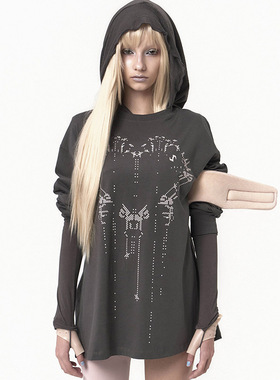 OJOS 2024秋 个性印花长袖T恤美式宽松时尚圆领打底上衣韩国代购