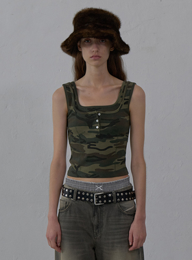 灰M现货LCDC 25秋季新品修身辣妹风假两件迷彩吊带背心韩国代购