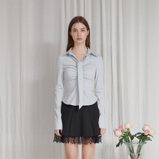PAIN OR PLEASURE 24秋季新品修身显瘦褶皱领带长袖衬衫韩国代购