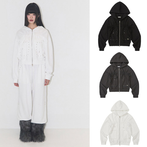 ILLIGO 25冬新款压褶系带铆钉连帽卫衣拉链外套帽衫韩国代购