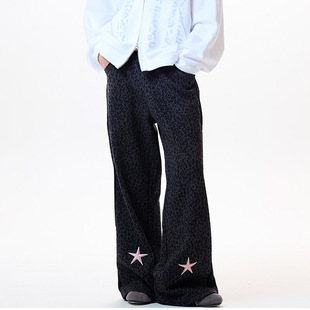 韩国代购 TRUE25春新款 宽松休闲裤 y2k豹纹星星刺绣拖地长裤 LUV