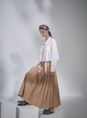 ROMANCHIC 22春夏季新款 高腰中长款通勤百褶半身长裙 韩国代购