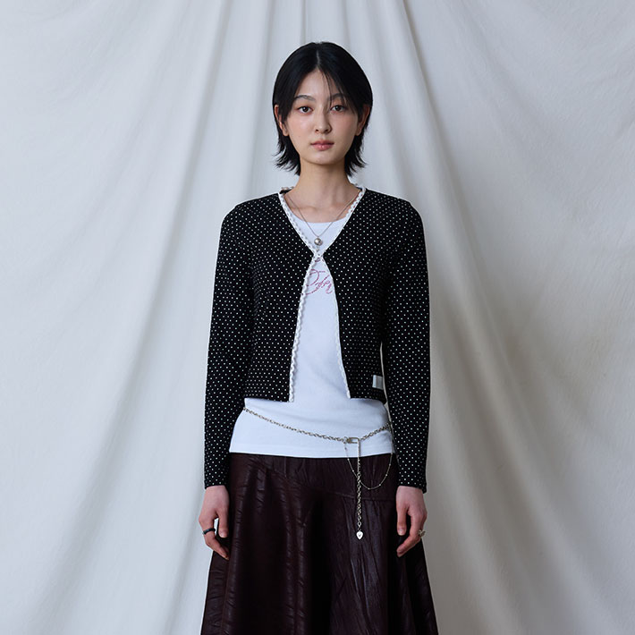 LARTIGENT 25夏季新品甜辣撞色波点蕾丝边开衫外套韩国代购