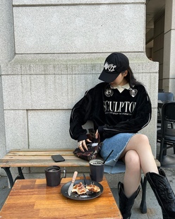 现货全圆佑同款SCULPTOR22秋美式复古街头休闲丝绒卫衣套装运动裤