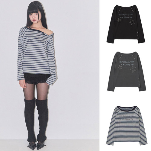 ILLIGO 25冬新款按扣调节露肩长袖T恤辣妹一字领上衣韩国代购