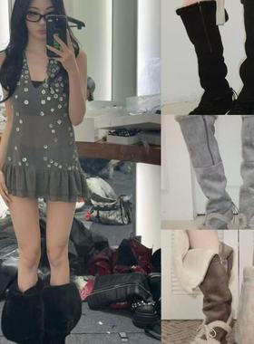 宁艺卓同款OJOS 25冬加绒尖头可翻折过膝长筒靴韩国代购