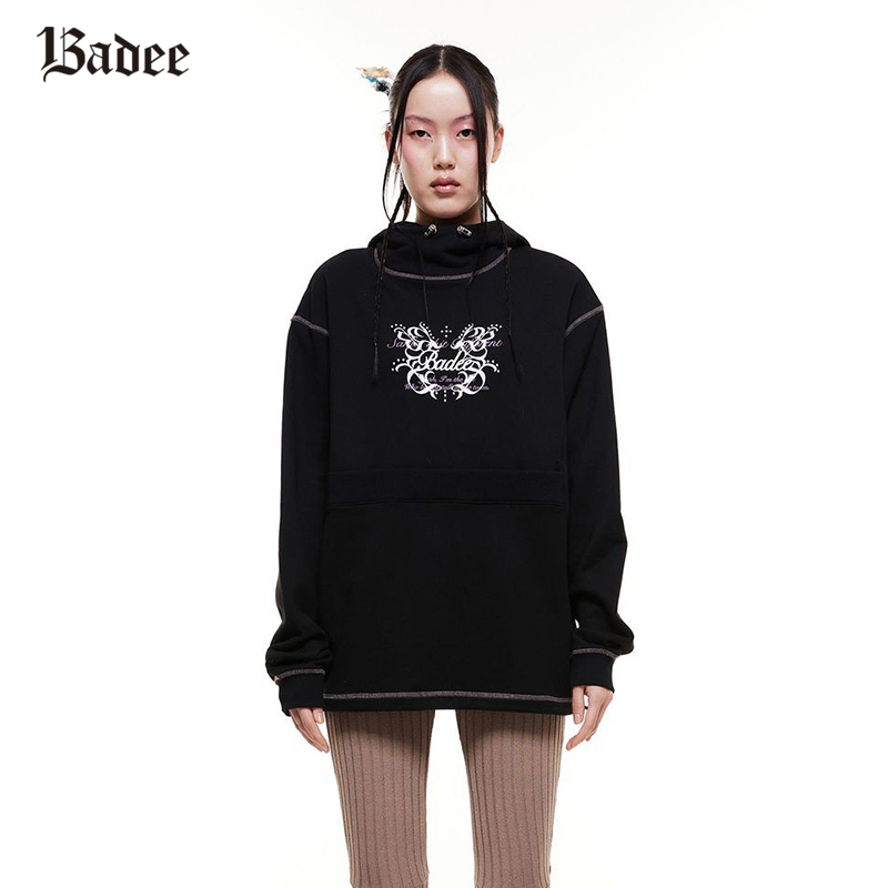 BADEE24春新品配色明线亮片镶钻宽松帽衫带帽卫衣韩国代购