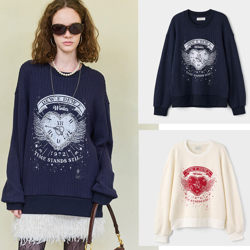 DEW E DEW E 25冬新款爱心印花套头毛衣软糯宽松针织衫韩国代购