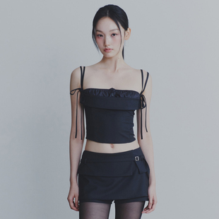 PAIN OR PLEASURE 25秋新品拼接褶皱辣妹抹胸背心韩国代购