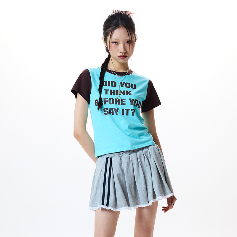 LUV IS TRUE25春季新款修身撞色插肩袖英文印花短袖T恤韩国代购