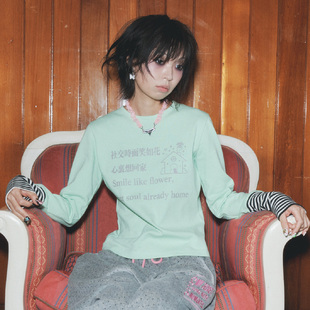 ILLIT同款MOMENTEL 25秋拼接条纹趣味文字印花长袖T恤韩国代购