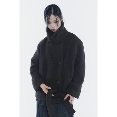 PAIN OR PLEASURE 25冬新款高领单排扣毛呢外套韩国代购