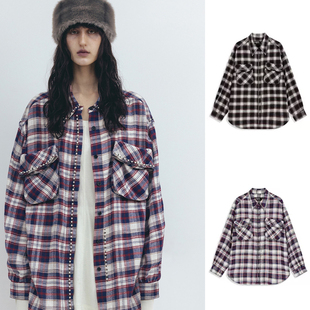 韩国代购 25冬串珠大口袋衬衫 棉质衬衫 宽松格纹长袖 现货OPEN