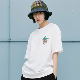 秒发ISTKUNST 21夏新品菠萝印花短袖T恤宽松圆领情侣上衣韩国代购