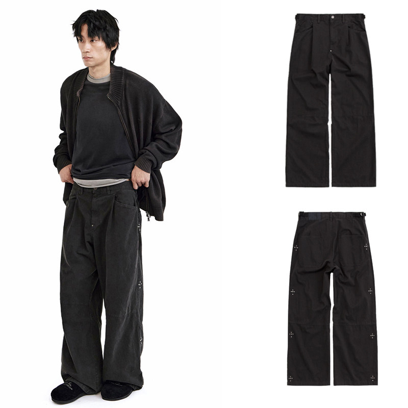 POLYTERU 25秋冬新款复古风格铆钉休闲长裤做旧工装裤韩国代购