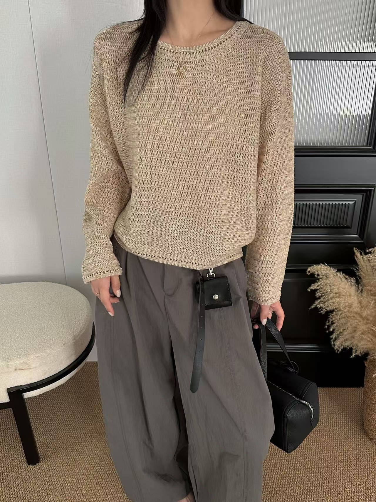 软糯羊毛针织衫女欧洲站2026秋季新款时尚慵懒风宽松薄款镂空上衣