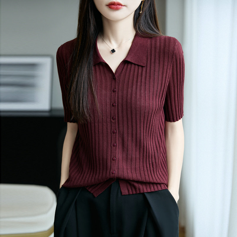 2026夏季新款翻领天丝亚麻开衫外搭薄款坑条短袖针织开衫女上衣