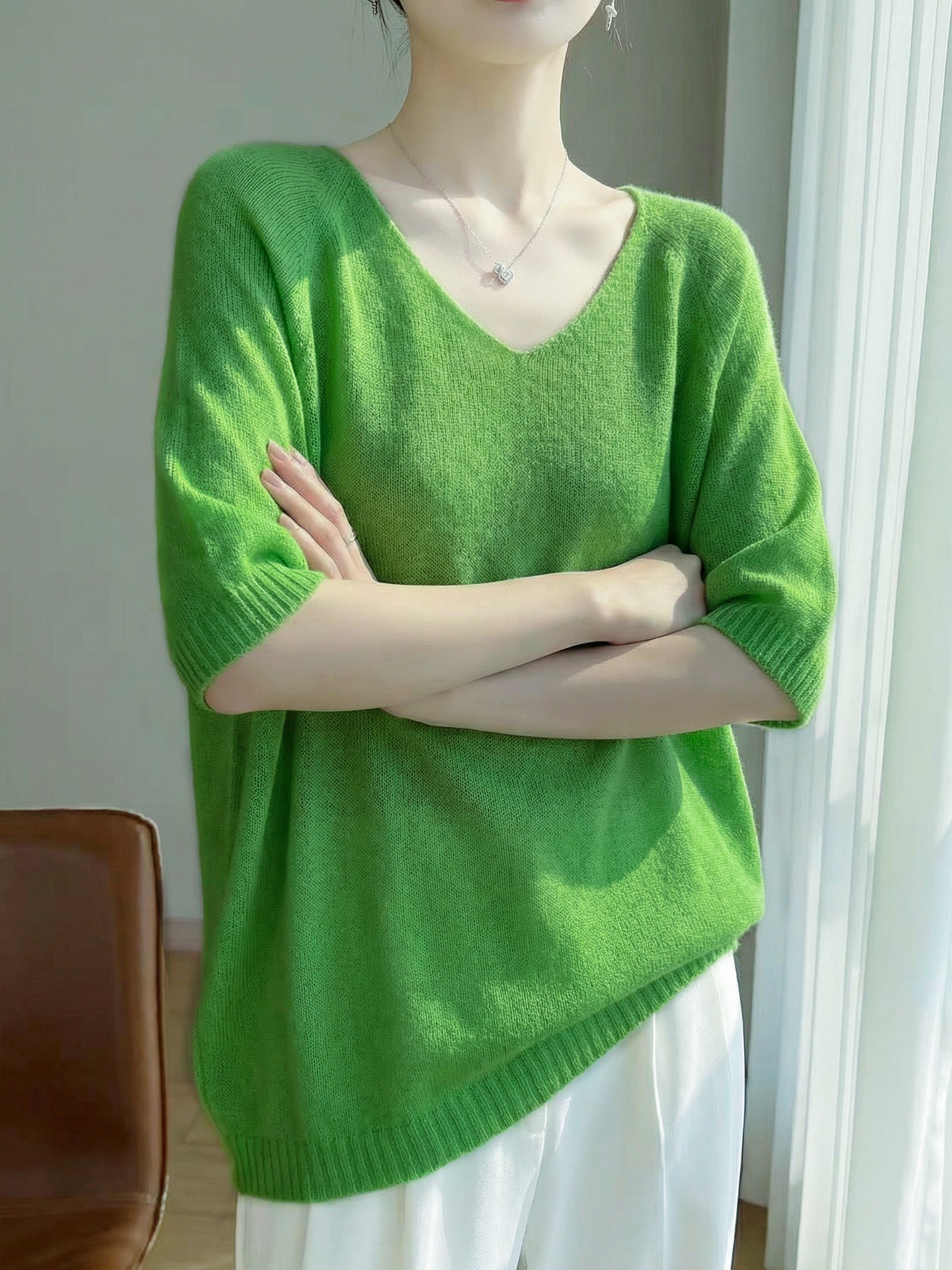 慵懒风V领针织短袖女夏季天丝羊毛半袖宽松薄款显瘦打底羊绒上衣