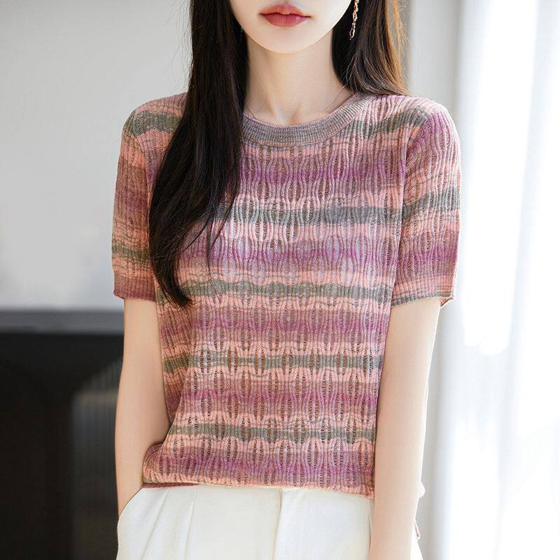 法式撞色条纹镂空短袖针织T恤女2026夏款设计感小众圆领显瘦上衣