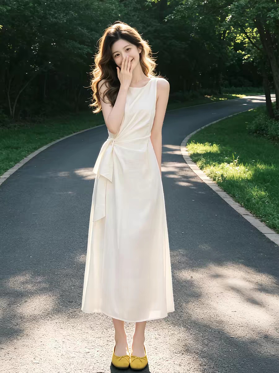 法式气质白色无袖背心连衣裙子女装2026新款夏季穿搭收腰显瘦长裙