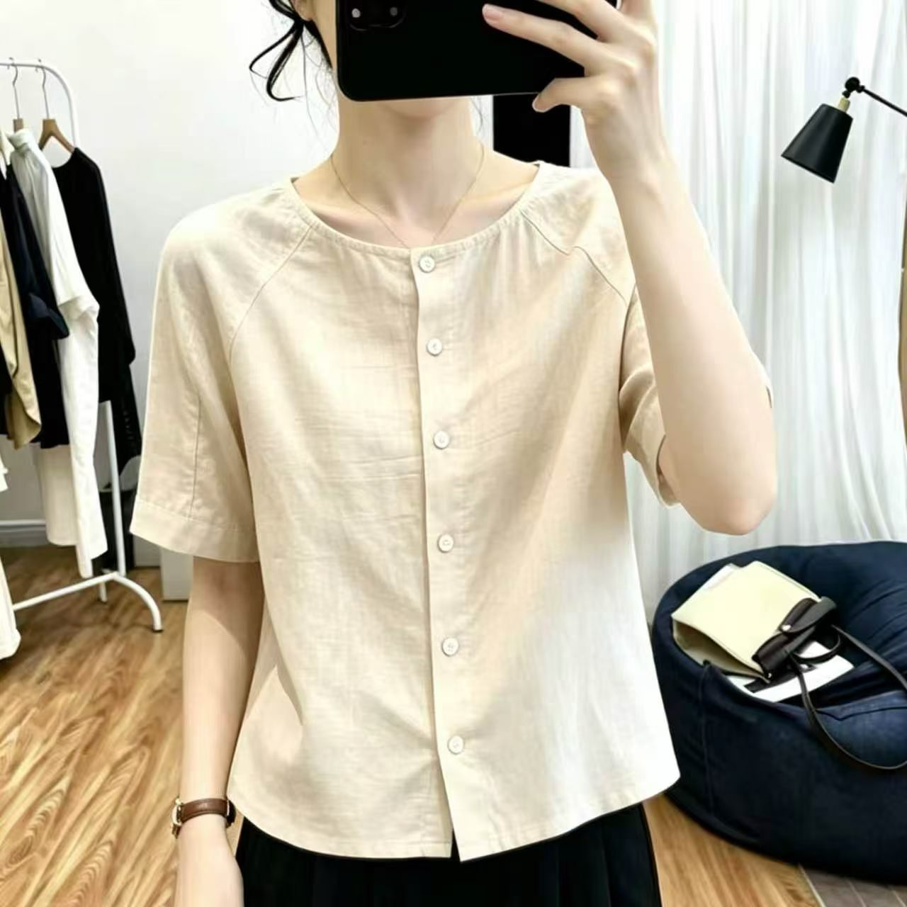 棉麻短袖衬衫女2026新款夏季薄款简约休闲百搭宽松亚麻女装上衣女