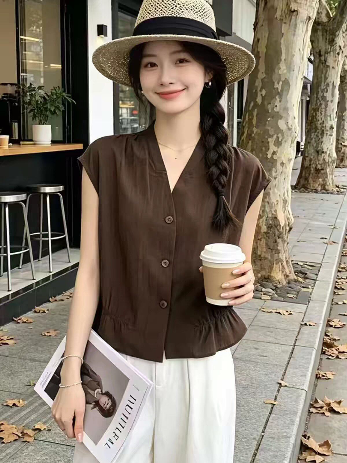 韩系通勤风V领短袖衬衫女夏季新款小个子收腰显瘦百搭气质上衣潮