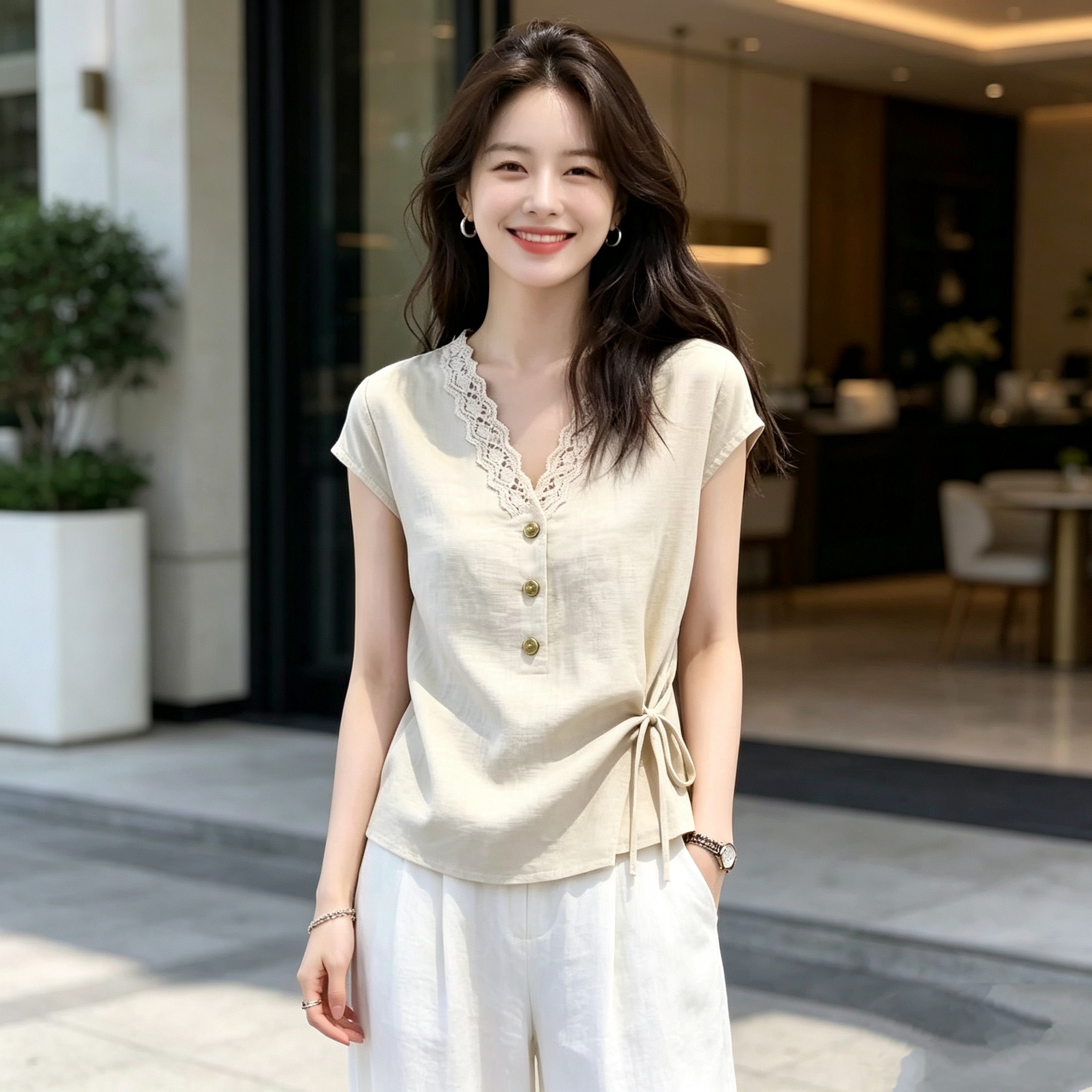 轻熟风V领蕾丝拼接短袖衬衫女夏季大码胖MM收腰显瘦系带气质上衣