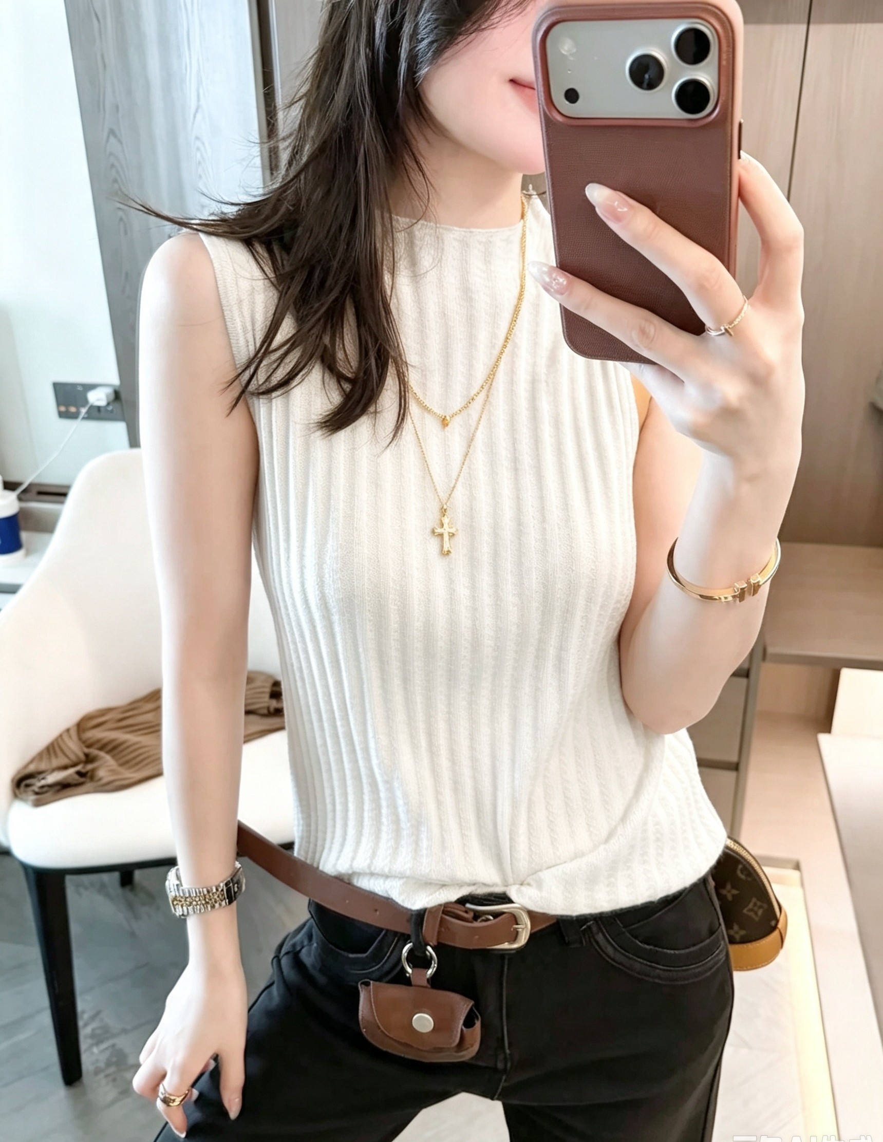 半高领坑条针织背心女无袖内搭修身打底衫洋气坑条针织衫中领背心