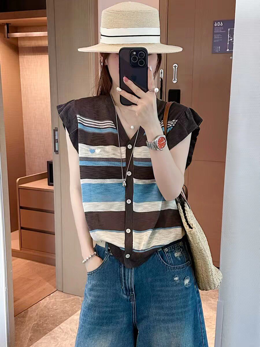 撞色条纹v领冰丝短袖针织开衫女薄款2026新款夏季高级感洋气上衣