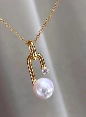 T家同款回形针天然珍珠项链锁骨链小众设计感红宝石女友生日礼物