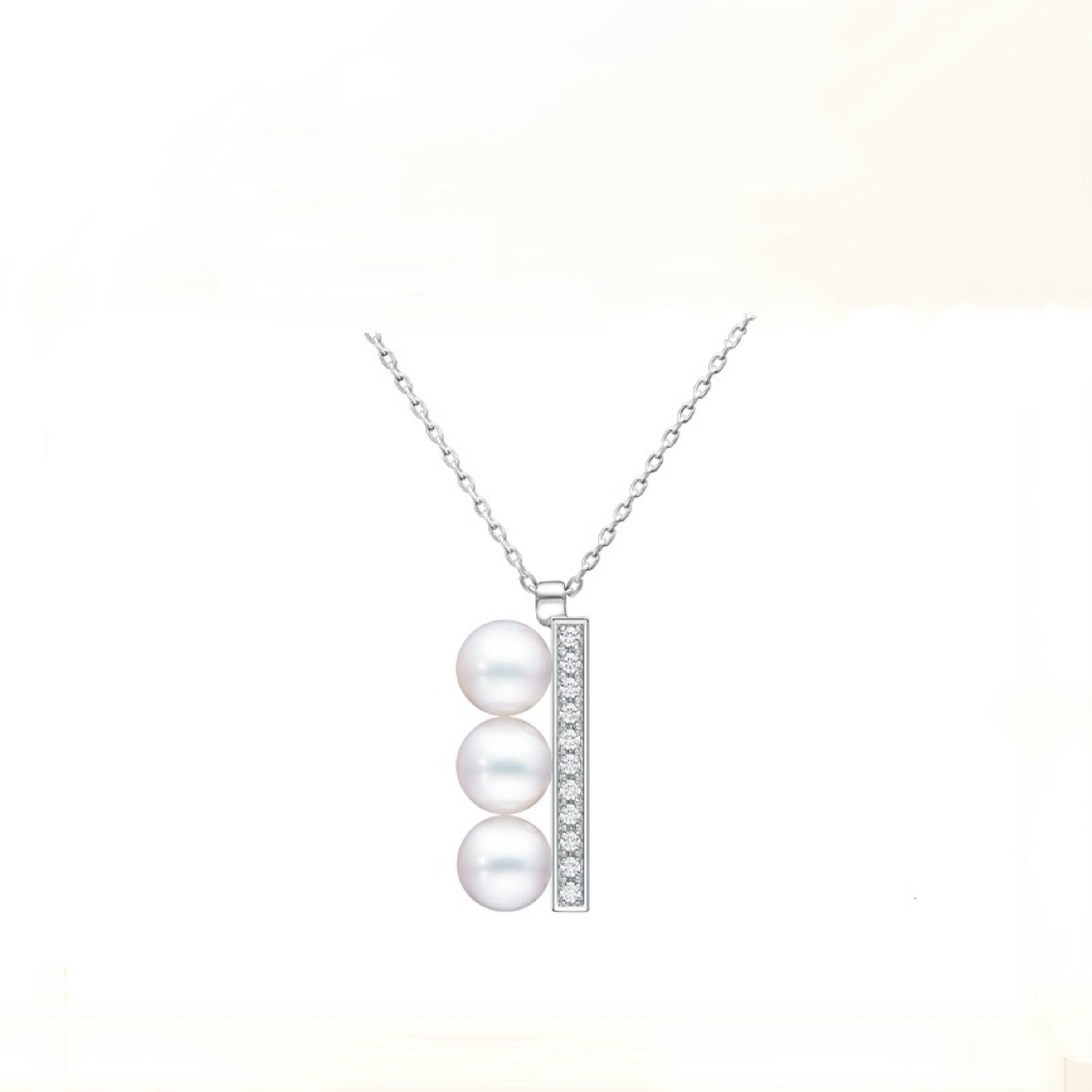 T家同款平衡木珍珠项链 竖立三珠钻石版纯银吊坠米你小巧灵动礼物